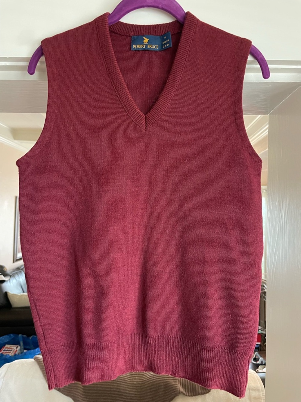 Vintage Robert Bruce Men's V-Neck Sweater Vest in Burgundy